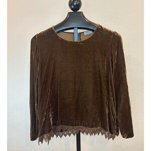 Wrap London Brown Velvet Lace Hem Blouse Long Sleeve Back Zip Top
